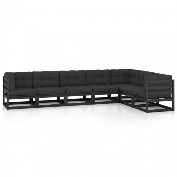 Set mobilier grădină cu perne, 7 piese, negru, lemn masiv pin - Img 2