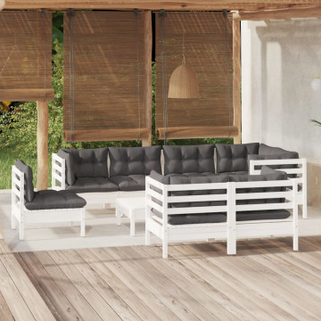 Set mobilier grădină cu perne, 9 piese, alb, lemn masiv pin - Img 1