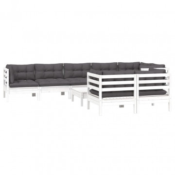 Set mobilier grădină cu perne, 9 piese, alb, lemn masiv pin - Img 3