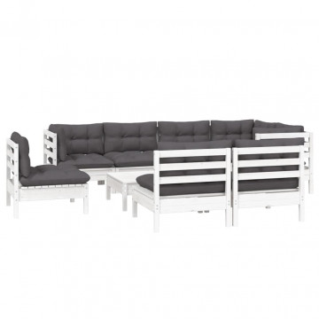 Set mobilier grădină cu perne, 9 piese, alb, lemn masiv pin - Img 3