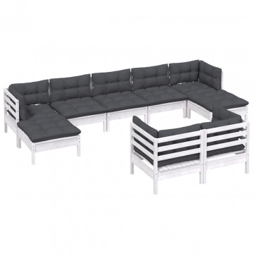 Set mobilier grădină cu perne, 9 piese, alb, lemn masiv pin - Img 3