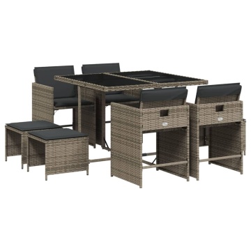 Set mobilier grădină cu perne, 9 piese, gri, poliratan - Img 2