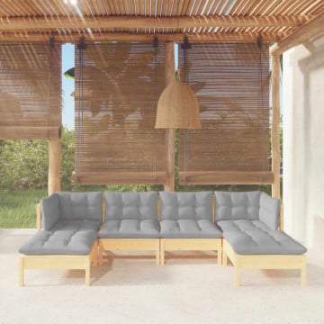 Set mobilier grădină cu perne gri, 6 piese, lemn de pin - Img 1
