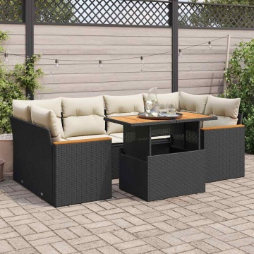 Set mobilier grădină perne 6 piese negru poliratan/lemn acacia - Img 1