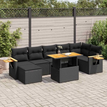 Set mobilier grădină perne 8 piese negru, poliratan/lemn acacia - Img 1