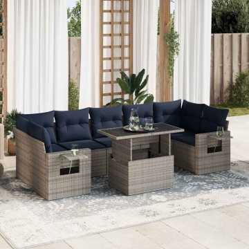 Set mobilier grădină perne 8 piese negru, poliratan/lemn acacia - Img 1