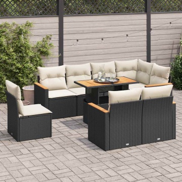 Set mobilier grădină perne 9 piese negru poliratan/lemn acacia - Img 1