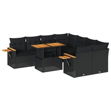 Set mobilier grădină perne 9 piese negru poliratan/lemn acacia - Img 2