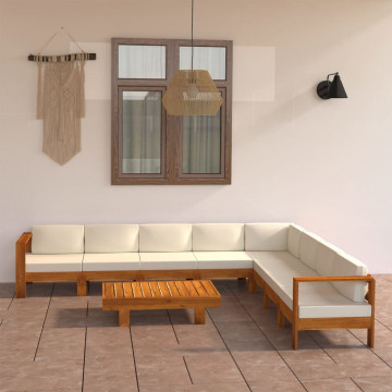 Set mobilier grădină perne alb crem, 9 piese, lemn masiv acacia - Img 1