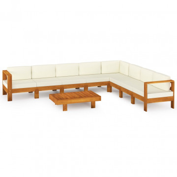 Set mobilier grădină perne alb crem, 9 piese, lemn masiv acacia - Img 2