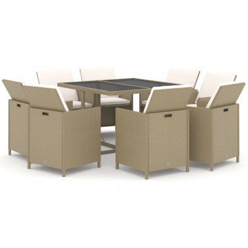Set mobilier pentru grădină cu perne, 9 piese, bej, poliratan - Img 2