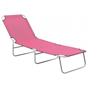 Șezlong de plajă pliabil, roz, oțel și material textil - Img 1