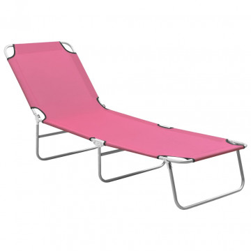 Șezlong de plajă pliabil, roz, oțel și material textil - Img 1