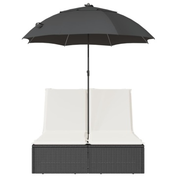 Șezlong dublu cu perne/umbrelă de soare, negru, poliratan - Img 4