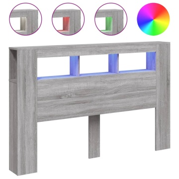 Tăblie de pat cu LED, gri sonoma, 160x18,5x103,5 cm, lemn - Img 2
