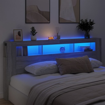 Tăblie de pat cu LED, gri sonoma, 220x18,5x103,5 cm, lemn - Img 1