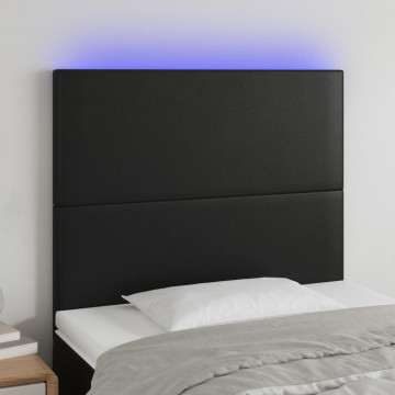Tăblie de pat cu LED, negru, 100x5x118/128 cm, piele ecologică - Img 1