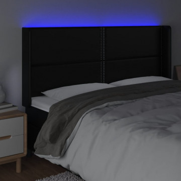 Tăblie de pat cu LED, negru, 163x16x118/128 cm, piele ecologică - Img 4