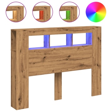 Tăblie de pat cu LED, stejar artizanal, 140x18,5x103,5 cm, lemn - Img 2