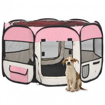 Țarc joacă pliabil câini cu sac de transport roz 110x110x58 cm - Img 1