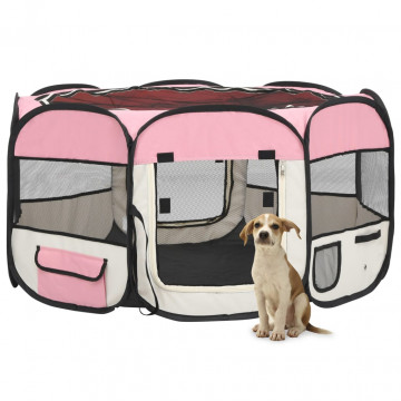 Țarc joacă pliabil câini cu sac de transport roz 125x125x61 cm - Img 1