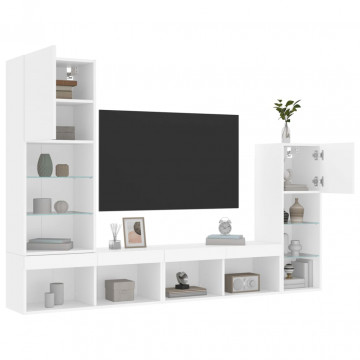 Unități de perete TV cu LED-uri, 4 piese, alb, lemn prelucrat - Img 1