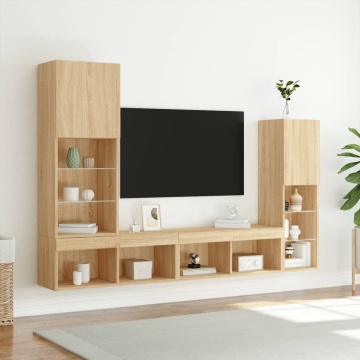 Unități de perete TV cu LED-uri, 4 piese, stejar sonoma, lemn - Img 4