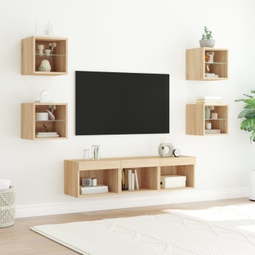 Unități de perete TV cu LED-uri, 7 piese, stejar sonoma, lemn - Img 3