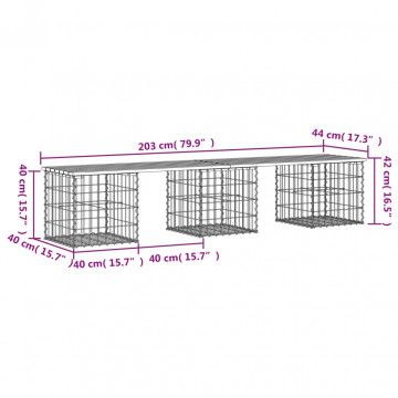 Bancă grădină, design gabion, 203x44x42 cm, lemn pin impregnat - Img 7