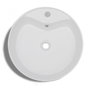 Bazin chiuvetă ceramică baie cu gaură robinet/preaplin, rotund, alb - Img 6