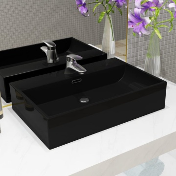 Bazin cu orificiu robinet ceramică, 60,5x42,5x14,5 cm, negru - Img 1