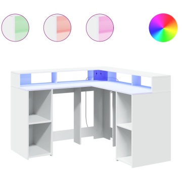 Birou cu lumini LED, alb, 130x130x91 cm, lemn prelucrat - Img 2