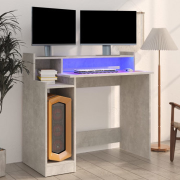 Birou cu lumini LED, gri beton, 97x90x45 cm, lemn compozit - Img 1