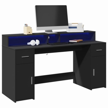 Birou cu lumini LED, negru, 160x55x91 cm, lemn prelucrat - Img 1