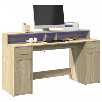 Birou cu lumini LED stejar sonoma, 160x55x91 cm, lemn prelucrat - Img 1