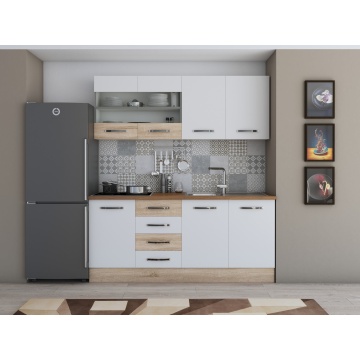 Bucatarie alfa cu vitrina 180 cm, alb / sonoma, blat termic nuc - Img 2