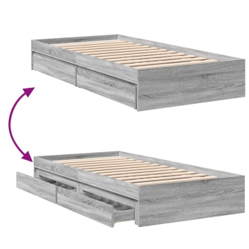 Cadru de pat cu sertare gri sonoma 90x200 cm lemn prelucrat - Img 6