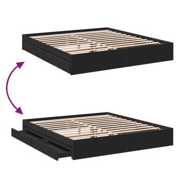 Cadru de pat cu sertare negru 200x200 cm lemn prelucrat - Img 6