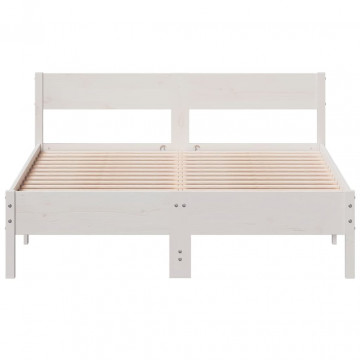 Cadru de pat cu tăblie, alb, 140x190 cm, lemn masiv de pin - Img 4