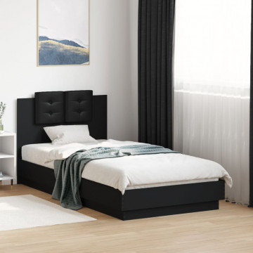 Cadru de pat cu tăblie și lumini LED, negru, 75x190 cm - Img 4