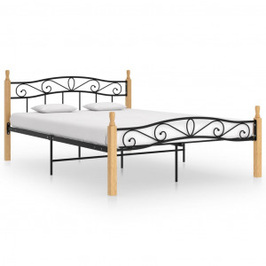 Cadru de pat, negru, 140x200 cm, metal și lemn masiv de stejar - Img 1