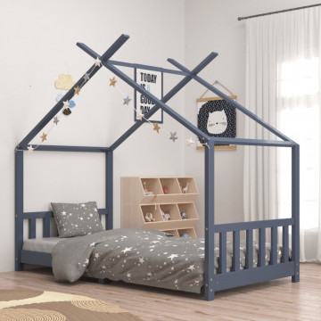Cadru de pat pentru copii, gri, 90 x 200 cm, lemn masiv de pin - Img 1