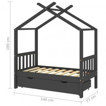 Cadru pat copii cu sertar gri închis 70x140 cm lemn masiv pin - Img 6