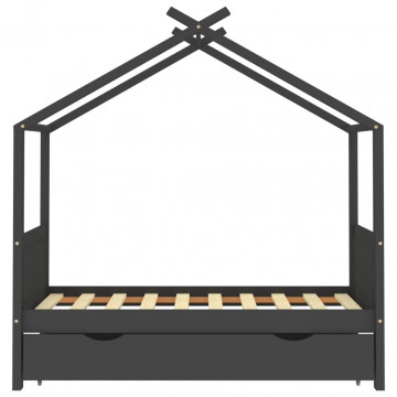Cadru pat copii cu sertar gri închis 80x160 cm lemn masiv pin - Img 3