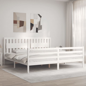 Cadru pat cu tăblie 200x200 cm, alb, lemn masiv - Img 3