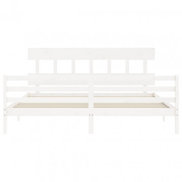 Cadru pat cu tăblie 200x200 cm, alb, lemn masiv - Img 5