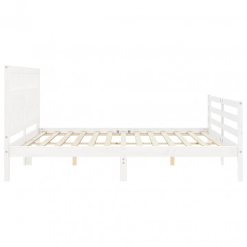 Cadru pat cu tăblie 200x200 cm, alb, lemn masiv - Img 6