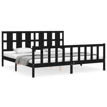 Cadru pat cu tăblie 200x200 cm, negru, lemn masiv - Img 2