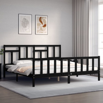 Cadru pat cu tăblie 200x200 cm, negru, lemn masiv - Img 3
