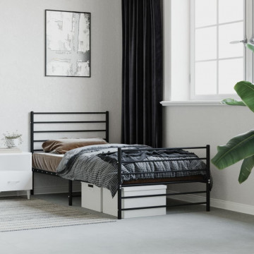 Cadru pat metalic cu tăblii de cap/picioare, negru, 90x190 cm - Img 1